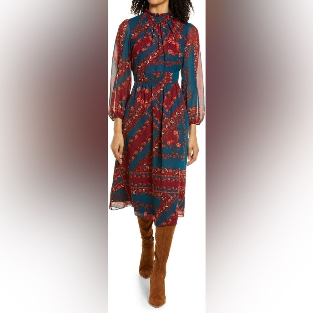 Julia Jordan Floral Long Sleeve A-Line Midi Dress